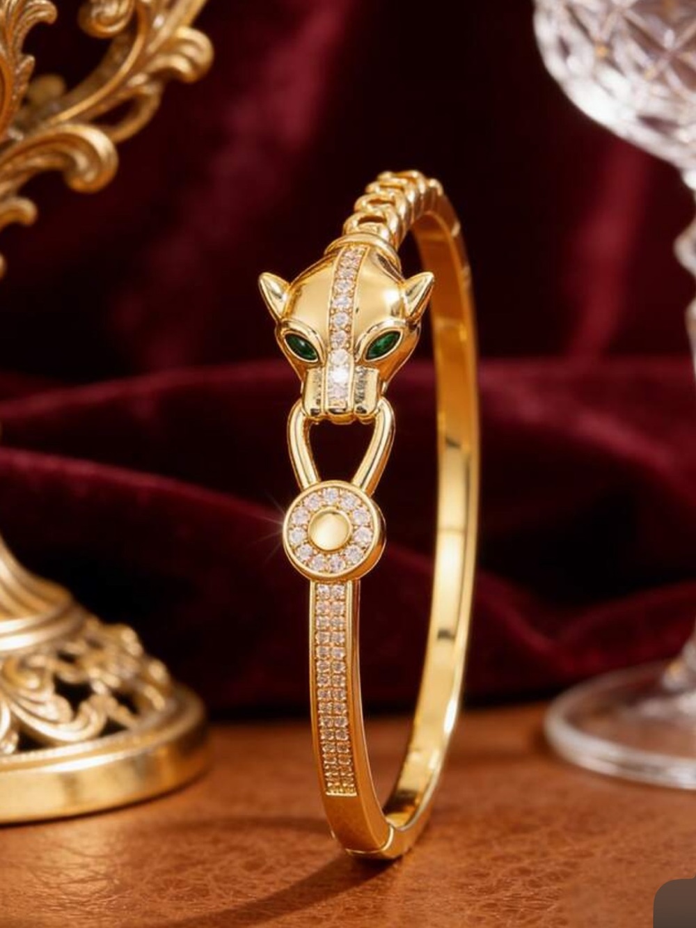 Gold Panther Head Crystal Bangle Bracelet with Green Eyes - nwt